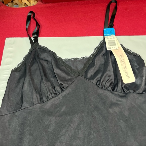 NEW BLACK Nylon Full Slip DRESS, SHADOWLINE 36/30" adjustable Straps Lace 1990s - Picture 8 of 12